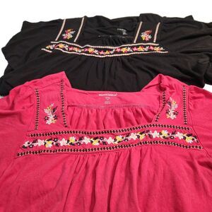 Woman Within Pink & Black LOT of 2 Embroided Boho Peasant Casual Tops Both SZ 1X
